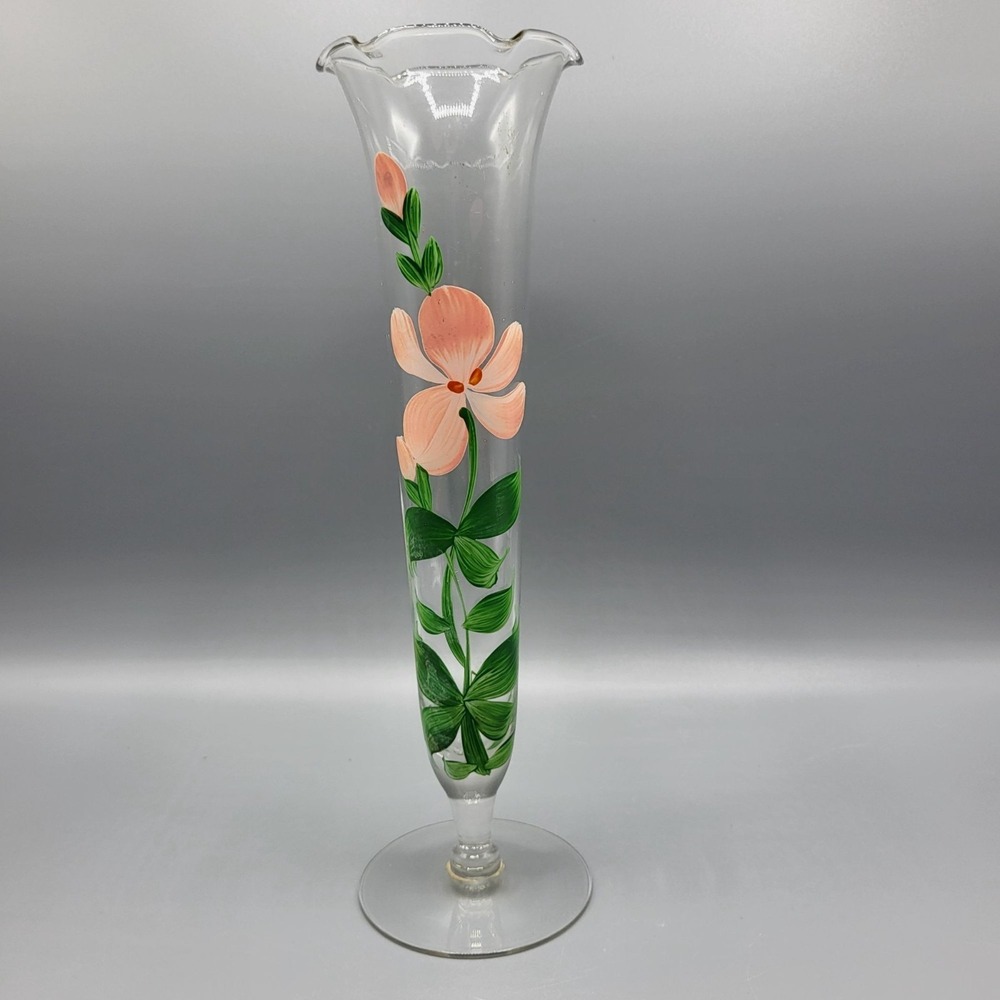Vintage Hand Painted Glass Bud Vase With Pink Flower Design Home Table Decor